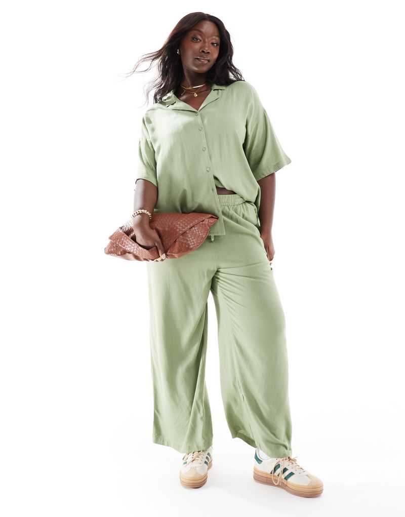 Vila linen touch tie waist wide leg pants in green - part of a set Vila