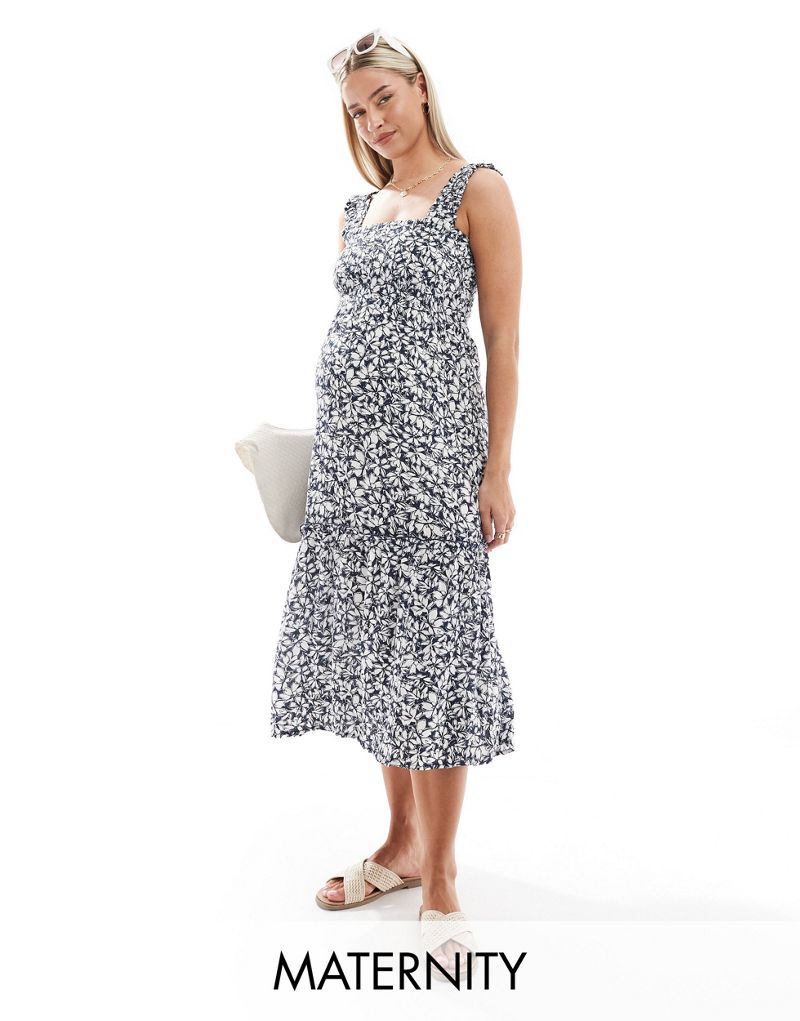 Vero Moda Maternity shirred cami midi dress in navy blue floral Vero Moda Maternity