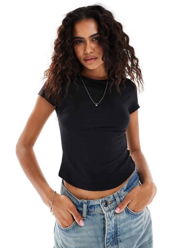 Weekday super soft fitted t-shirt with curved hem in black Weekday
