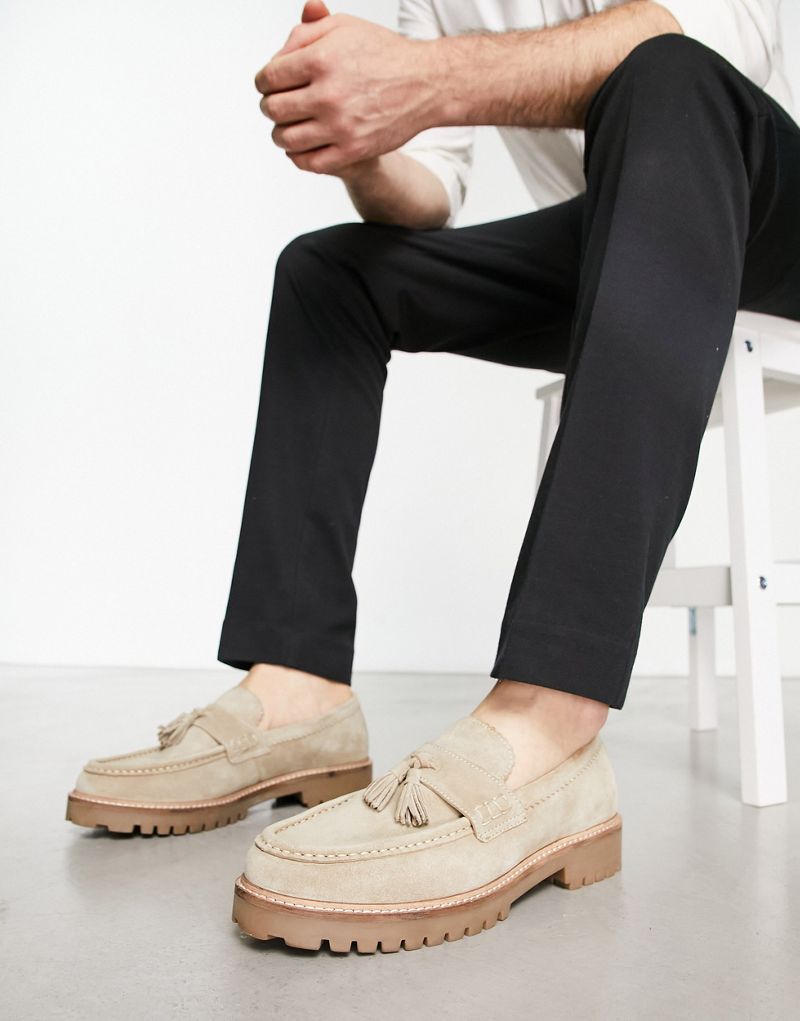 Walk London Sean tassel chunky loafers in beige suede WALK London