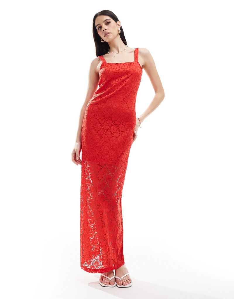 Y.A.S lace maxi dress with slit back in red Y.A.S