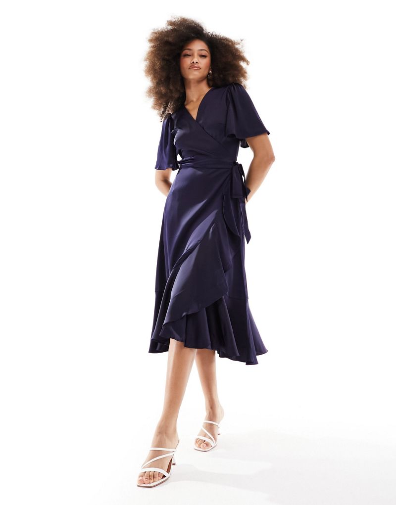 Y.A.S Bridesmaid satin wrap midi dress in navy Y.A.S