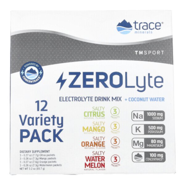 TM Sport, ZeroLyte, Electrolyte Drink Mix + Coconut Water, Variety Pack, 12 Packets, 3.2 oz (87.9 g) Trace Minerals Research