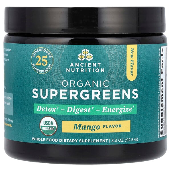 Organic SuperGreens, Mango, 3.3 oz (Унции) (92.5 g) Ancient Nutrition