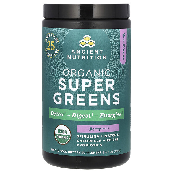 Organic SuperGreens, Berry, 6.7 oz (Унции) (189 g) Ancient Nutrition