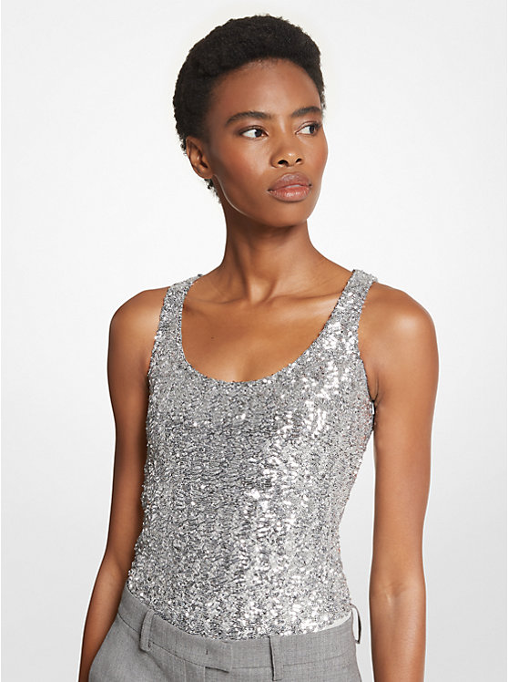 Sequined Stretch Tulle Scoop-Neck Bodysuit MICHAEL KORS COLLECTION