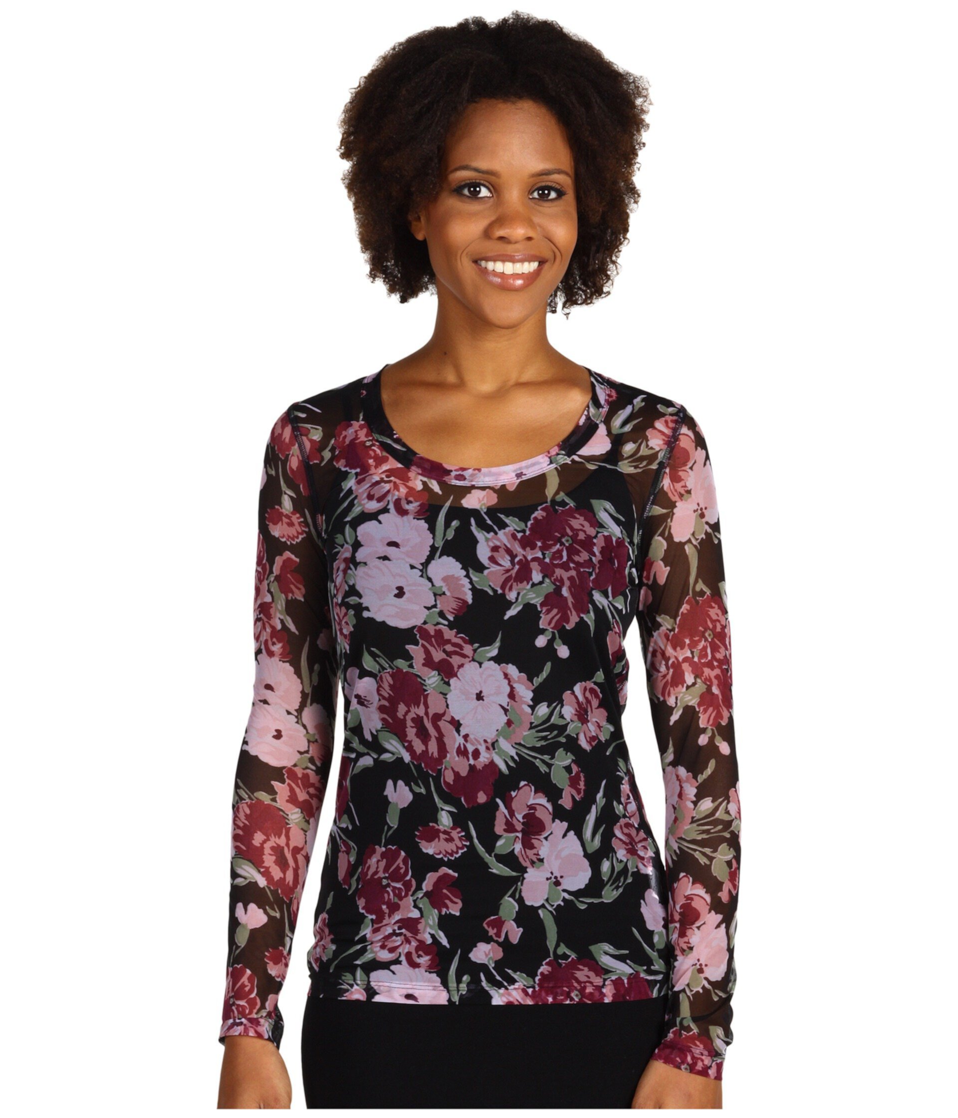 French Floral Print Mesh Long Sleeve Crew Top Karen Kane