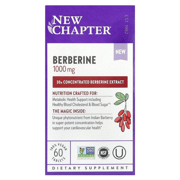Berberine, 1,000 mg, 60 Vegan Tablets (500 mg per Tablet) New Chapter