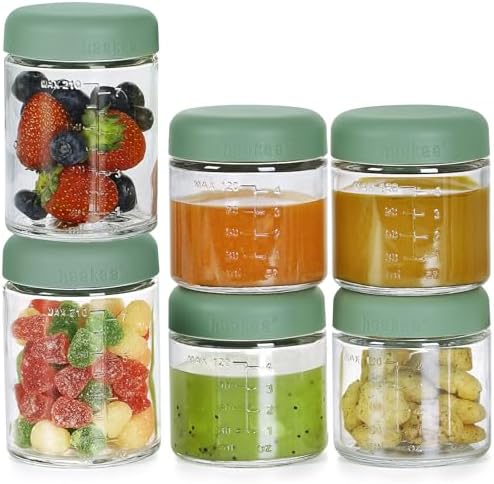 haakaa Baby Food Containers Glass,100% Leak-Proof Baby Jars with Silicone Lid, Premium Borosilicate Glass,Fridge –Freezer & Microwave Safe,4 PCS 4 OZ & 2 PCS 7oz,Pea Green Haakaa