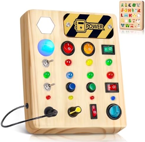 HONGDDY LED Busy Board, Wooden Sensory Toys for Toddler, Montessori Music Toy for Airplane, Travel Activity Educational Learning Toy, Busy Light Switch Autism Toys, Birthday Boys Girls Gifts HONGDDY