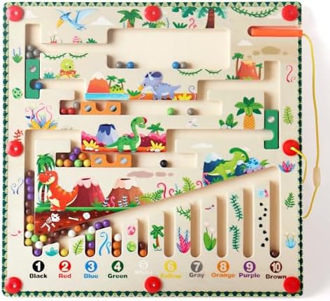 Magnetic Color and Number Maze, Montessori Toys for Ages 3+, Wooden Puzzle Activity Board, Learning Puzzle Counting Matching Toys for Toddlers, Boys Girls Preschool Dinosaur Toys 4 5 6 Years Old BEAUAM