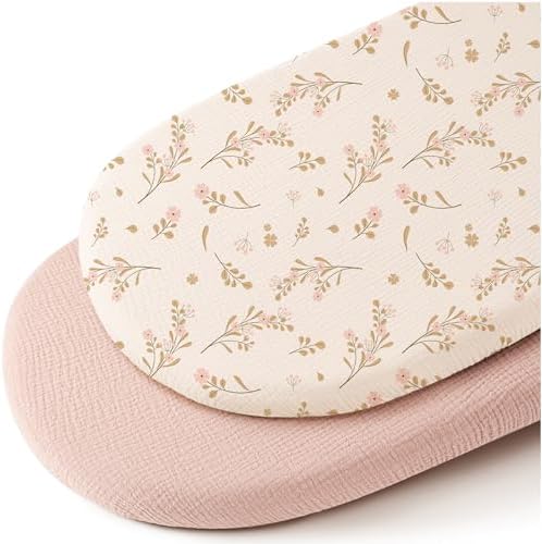 Konssy 2 Pack Muslin Fitted Bassinet Sheets for Baby Girl Boy, Soft Breathable Baby Bassinet Sheets Fit for Baby Bassinets, Cradle, Moses Basket Oval Rectangle Pad/Mattress (Green,Watercolour) Konssy