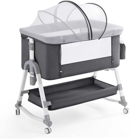 4 in 1 Baby Bassinet, Rocking Bassinets Bedside Sleeper with Comfy Mattress and Wheels, Height Adjustable Easy Folding Portable Bedside Crib for Newborn Infant,Dark Gray Soobaby