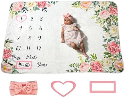 Baby Milestone Blanket for Baby Girl - Monthly and Year Age Blankets with Number Chart - Growth Chart - Including Headband and Frames - Blanket Size 60"x40" - Floral Theme Generic