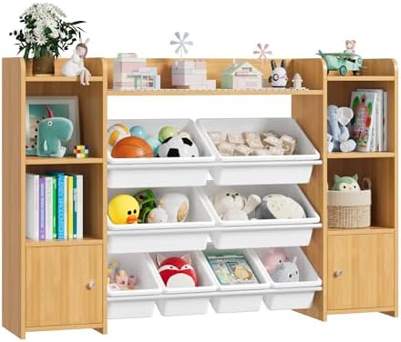 FOTOSOK 55''Large Toy Storage Organizer with 8 Toy Bins, Toy Organizers and Storage with Shelf and 6 Storage Cubbies, Bookshelf for Kids, Playroom Organization and Storage Bins, White FOTOSOK