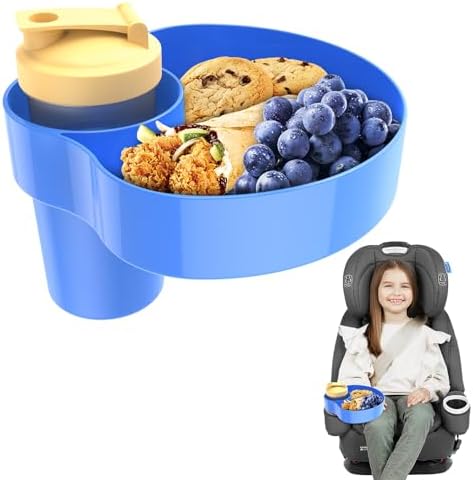 Car Seat Tray for Kids Travel: Car Seat Console Cup Holder Snack Tray, Toddlers Car Seat Activity Table Trays for Roadtrip, Baby Car Food Organizer Accessories for Eating, Booster, Stroller -Blue LETEAPII