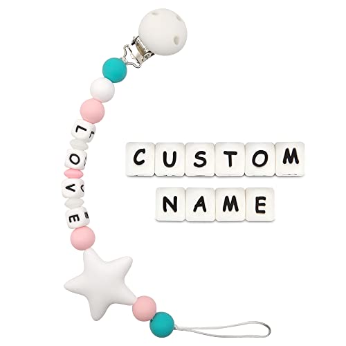 Personalized Pacifier Clip with Name (White) Starsprairie