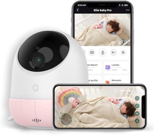 ELLIE Baby Monitor with Camera and Audio, Face Covered Alert, AI Cry Soothing Lullaby, 2K HD Camera, Auto Photo Capture, Virtual Fence, Infrared Night Vision, Sleep Analysis, Temp& Humidity Detection Ellie Baby Pro