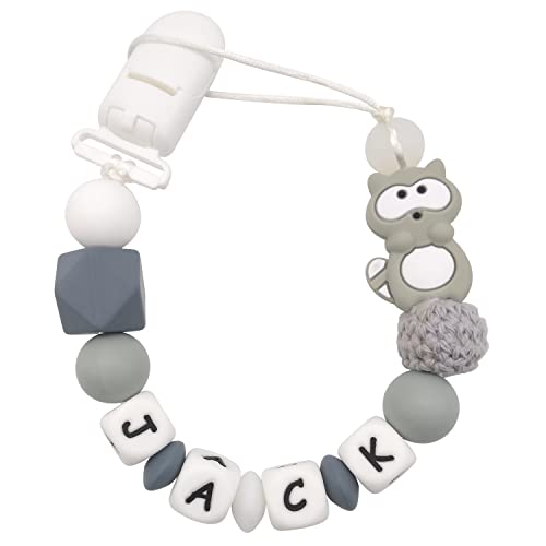 Personalized Pacifier Clip with Name for Boys Girls - Racoon (Grey) Starsprairie