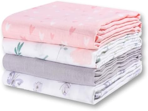 Little Grape Land Muslin Swaddle Blankets, 4 Pack Newborn Receiving Blanket Neutral, Soft Breathable 100% Cotton Muslin Baby Blanket for Boys & Girls, Large 47 x 47 inches - Purple & Pink Set Little Grape Land