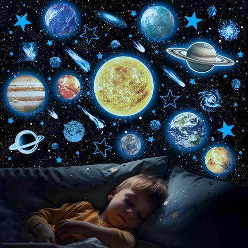 Watercolor Solar System Wall Decals, Glow in The Dark Stars, Kids Planets Sticker for Ceiling, Astronaut Wall Stickers for Bedroom（Blue） Robmoda