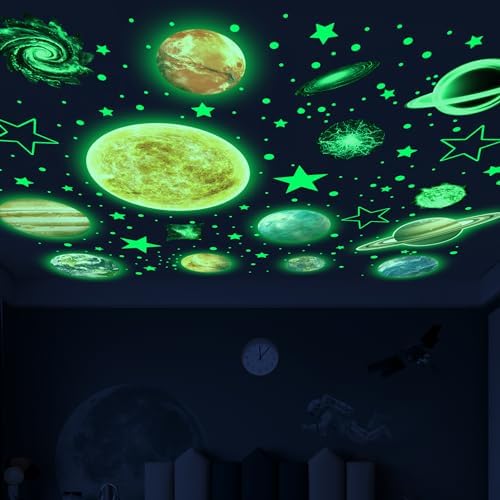 Watercolor Solar System Wall Decals, Glow in The Dark Stars, Kids Planets Sticker for Ceiling, Astronaut Wall Stickers for Bedroom（Blue） Robmoda