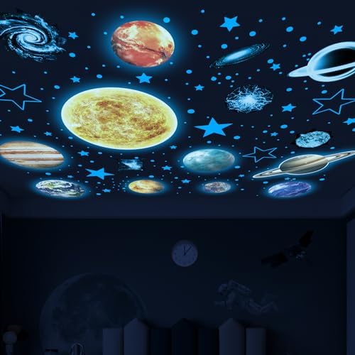 Watercolor Solar System Wall Decals, Glow in The Dark Stars, Kids Planets Sticker for Ceiling, Astronaut Wall Stickers for Bedroom（Blue） Robmoda