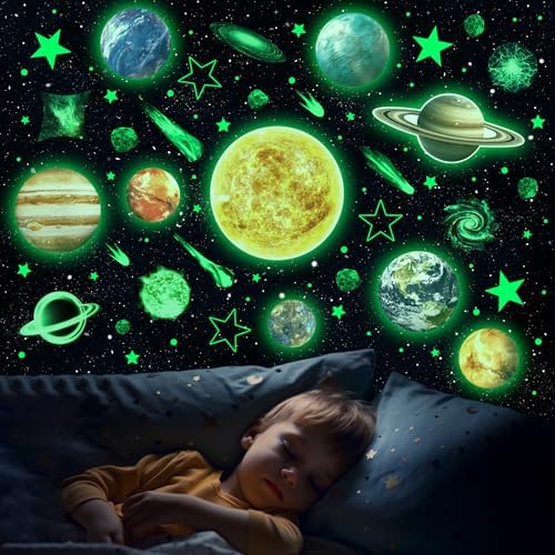 Watercolor Solar System Wall Decals, Glow in The Dark Stars, Kids Planets Sticker for Ceiling, Astronaut Wall Stickers for Bedroom（Blue） Robmoda