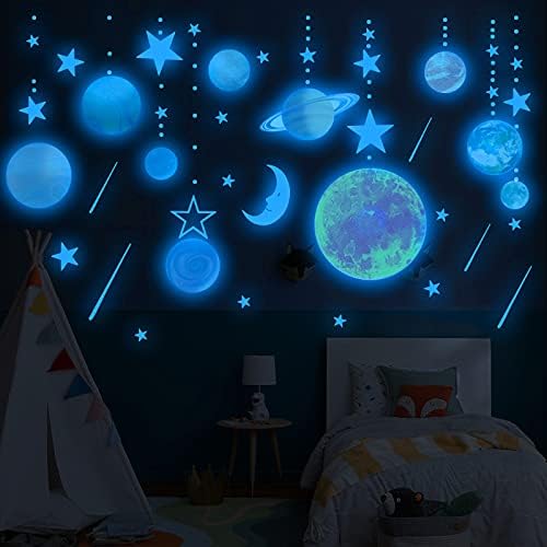 Watercolor Solar System Wall Decals, Glow in The Dark Stars, Kids Planets Sticker for Ceiling, Astronaut Wall Stickers for Bedroom（Blue） Robmoda