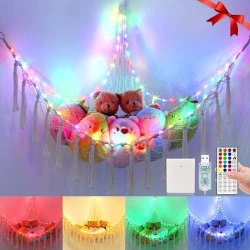 16 Color Change Stuffed Animal Hammock 75LEDs, 55in Extra Large Storage Macrame Hammock with 44-Key Remote, USB Hanging Plush Animal Net for Kids Bedroom Doll Room Corner Organizer (RGB, XL) Krislait