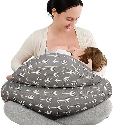 Yoofoss Nursing Pillow for Breastfeeding, Plus Size Breastfeeding Pillows, Breast Feeding Pillows for Mom and Baby with Adjustable Waist Strap and Removable Cover, Arrow Grey Yoofoss