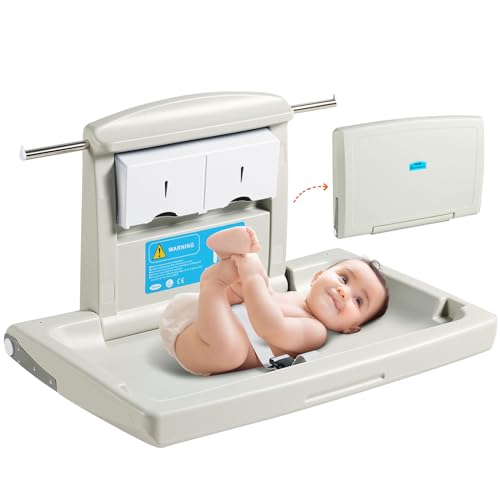 VEVOR Wall-Mounted Baby Changing Station, Horizontal Foldable Diaper Change Table with Safety Straps and Hanging Rods, Use in Commercial Bathrooms, Daycare Centers for Newborns & Infant VEVOR
