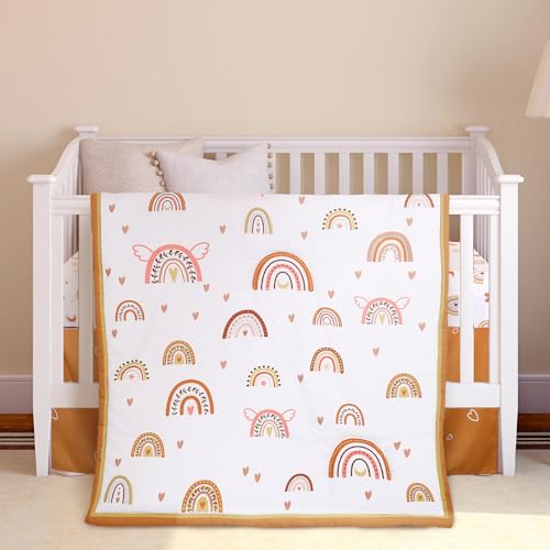 3 Pieces Boho Rainbow Crib Bedding Set for Girls or Boys, Standard Size Boho Neutral Baby Bedding Sets with Baby Comforter, Crib Sheet and Skirt, Soft and Safe Ganeen