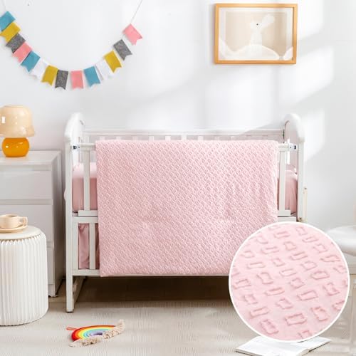 PINNKKU 3-Piece Crib Bedding Set for Boy Girls, includes Crib Skirt, Blanket and Crib Sheet, Crib Baby Bedding, Pintuck Pinch Pleat Pink PINNKKU