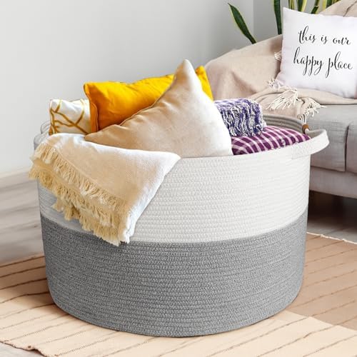L5 Large Blanket Basket, 21.7x 21.7x 13.8 Cotton Rope Woven Basket with Handles, 83L Large Laundry Baskets Toy Basket Living Room Bedroom Large Organizing and Storage Basket, Brown BROVIEW