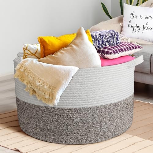 L5 Large Blanket Basket, 21.7x 21.7x 13.8 Cotton Rope Woven Basket with Handles, 83L Large Laundry Baskets Toy Basket Living Room Bedroom Large Organizing and Storage Basket, Brown BROVIEW