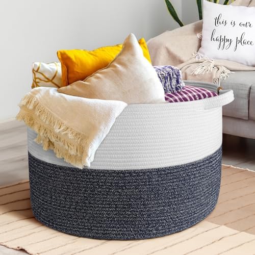 L5 Large Blanket Basket, 21.7x 21.7x 13.8 Cotton Rope Woven Basket with Handles, 83L Large Laundry Baskets Toy Basket Living Room Bedroom Large Organizing and Storage Basket, Brown BROVIEW