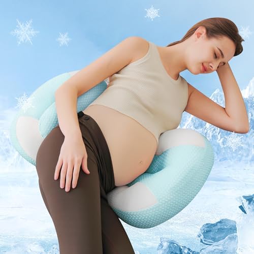 Pregnancy Pillows for Sleeping,Pregnancy Pillow with Quiet Magic Tape, Adorable Bean Maternity Pillow with Silicone Belly Pad，Breathable&Silky Touch for All Season(Mung Bean) Pobopobo