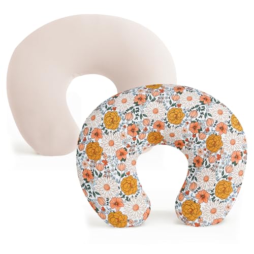 Konssy 2 Pack Nursing Pillow Covers, Stretchy and Soft Nursing Cover for Breastfeeding Pillows, Pillow Slipcover for Baby Girls Boys Newborn (Beige, Floral) Konssy