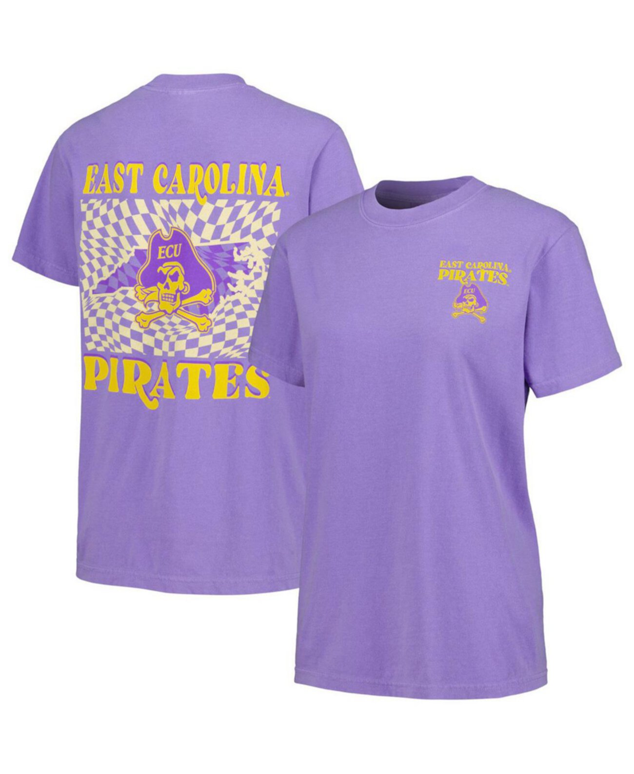 Women's Purple ECU Pirates Comfort Colors Checkered Mascot T-Shirt Image One