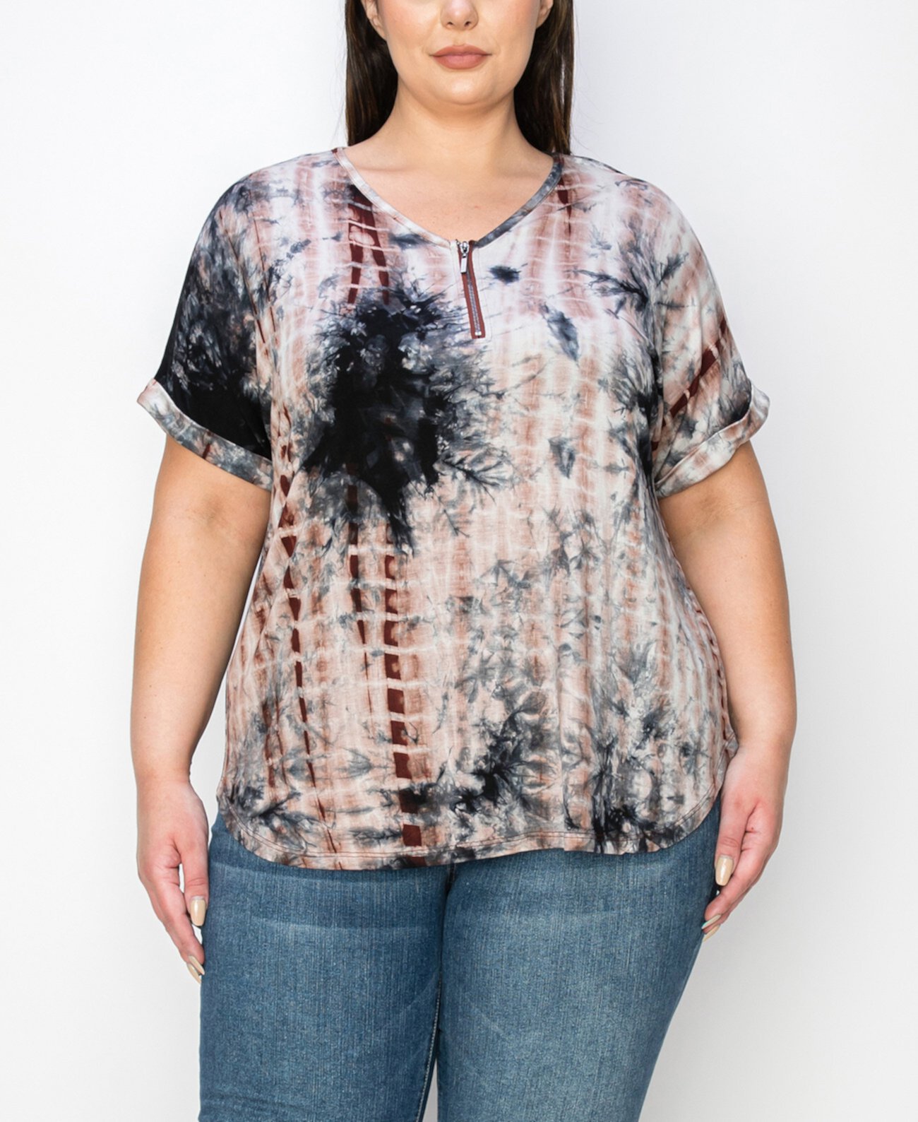 Женская Футболка COIN1804 Hand Tie Dye Zip V Neck Dolman with Roll Sleeve COIN 1804