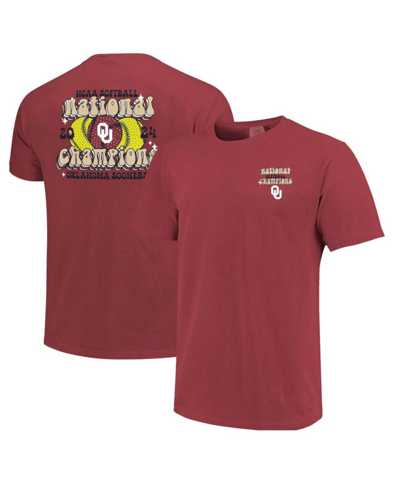 Men's and Women's Crimson Oklahoma Sooners 2024 NCAA Softball Women’s College World Series Champions Groovy Comfort Colors T-Shirt Image One