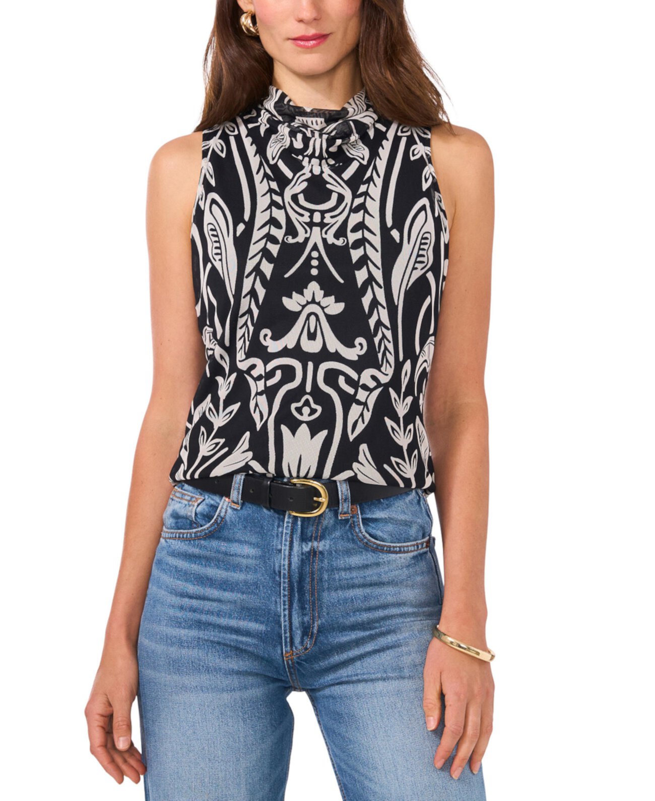 Women's Printed-Mesh Mock-Neck Top Vince Camuto