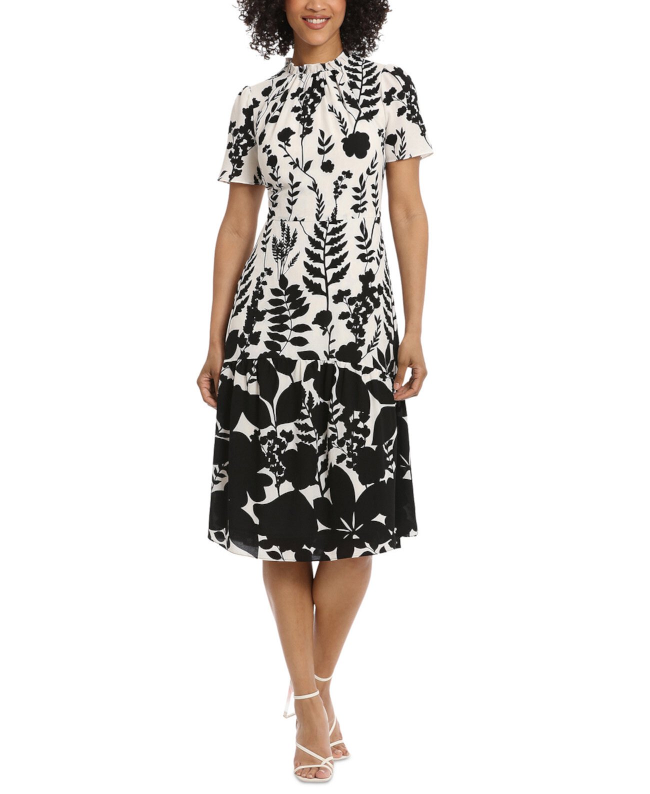 Women's Printed Ruffle-Neck Midi Dress Maggy London