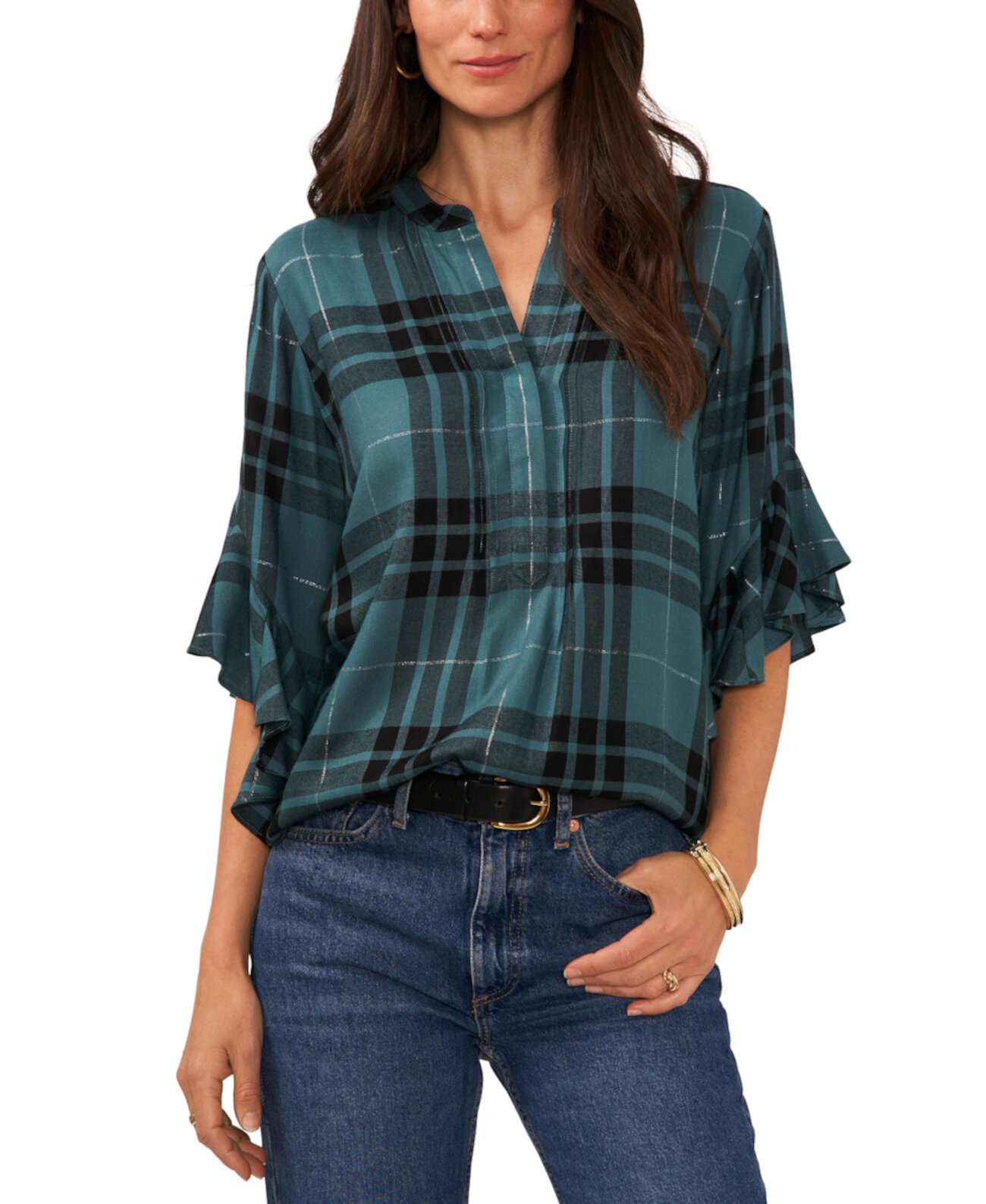 Women's Plaid Ruffle-Sleeve Henley Top Vince Camuto