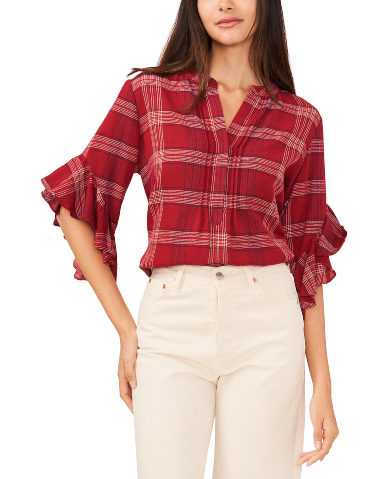 Women's Plaid Ruffle-Sleeve Henley Top Vince Camuto