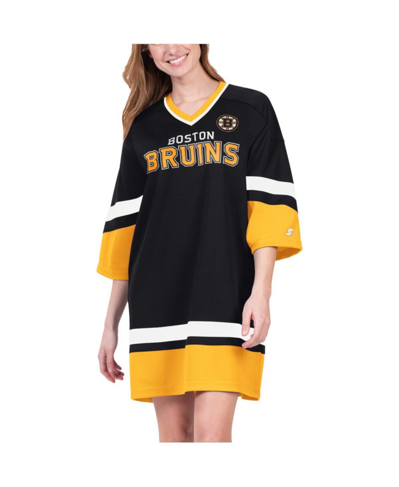 Women's Boston Bruins Hurry-Up Offense Boxy V-Neck Half-Sleeve Sneaker Dress Starter