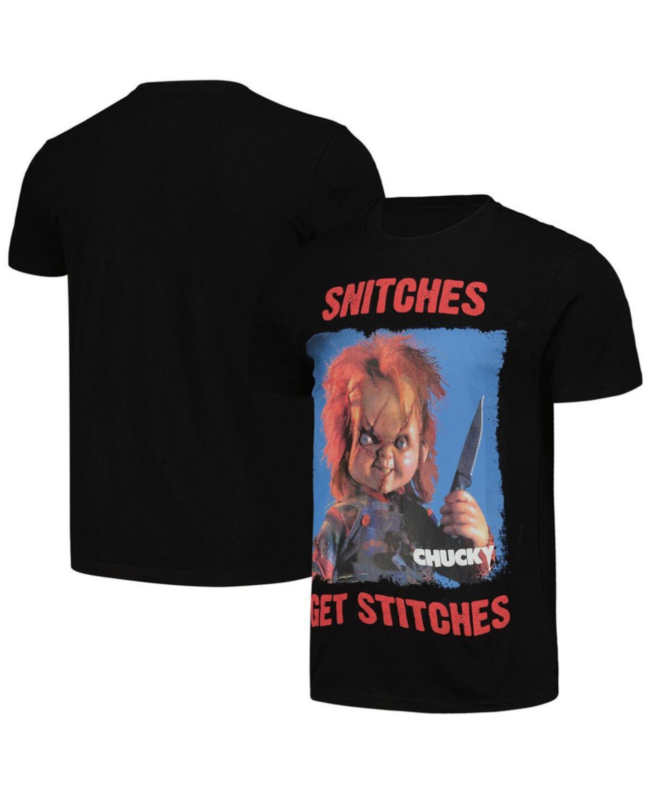 Men's and Women's Black Chucky Snitches Get Stitches T-Shirt Reason