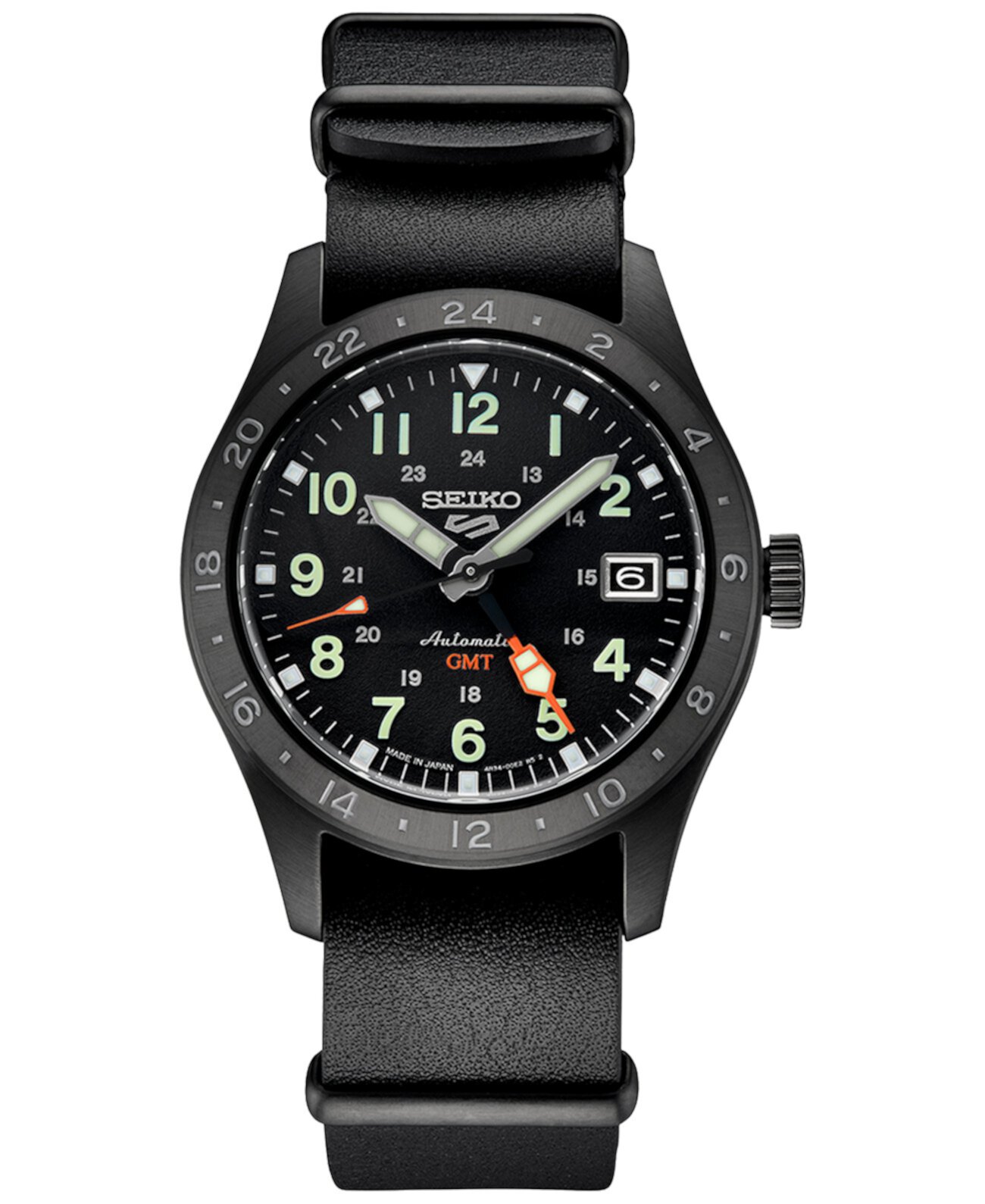 Men's Automatic 5 Sports GMT Black Leather Strap Watch 39mm SEI