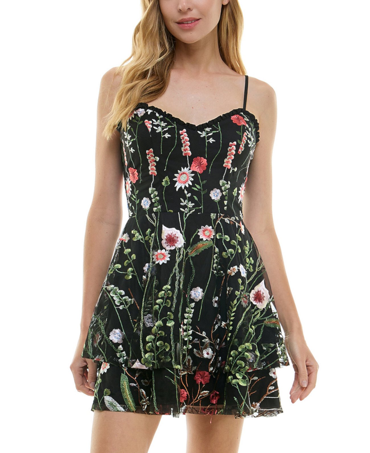 Juniors' Sweetheart-Neck Fit & Flare Floral-Embroidered Dress City Studios